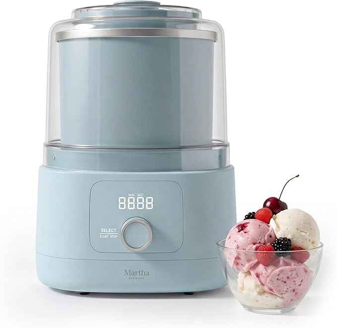 Martha Stewart Ice Cream Maker, 2 Quart Double-Insulated Freezer Bowl, Sorbet & Frozen Yogurt, Ready in 20 Minutes, Mix-Ins Chute, Easy to Clean, Sky Blue