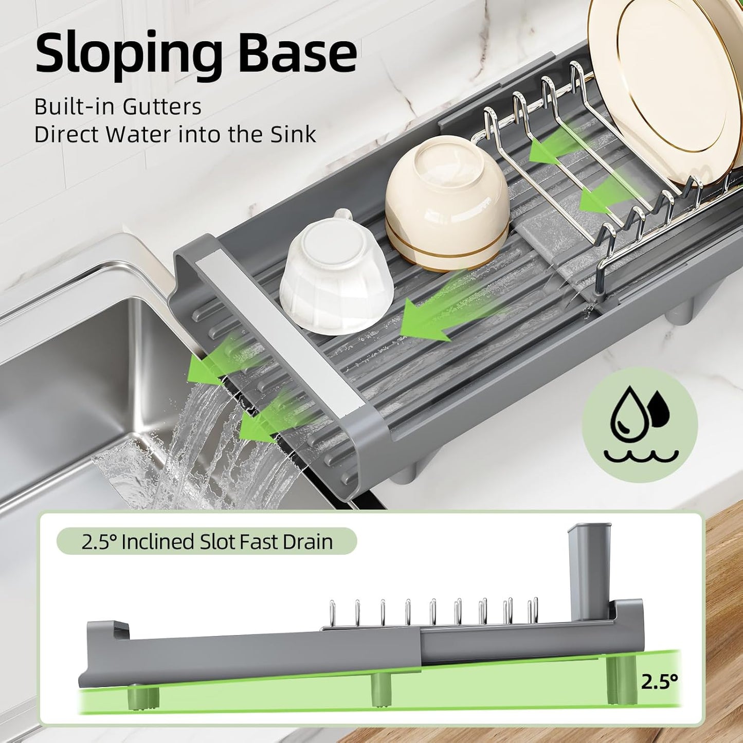 TOOLF Small Dish Drying Rack, Mini Expandable Compact Dish Rack, Slim Extendable Stainless Steel Dish Drainer for Kitchen Plate Storage, Space Saving Dish Strainer in Sink or on Home Countertop, Gray
