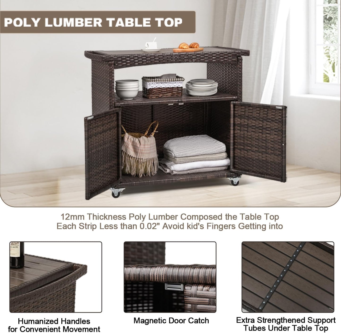 Outdoor Storage Cabinet,Outdoor Cabinet for Patio Outdoor Bar Cart with Rolling Heels Patio Bar Table with Storage Wicker Buffet Cabinet Prep Table Kitchen Serving Cart with Door,Shelves,Handle Brown