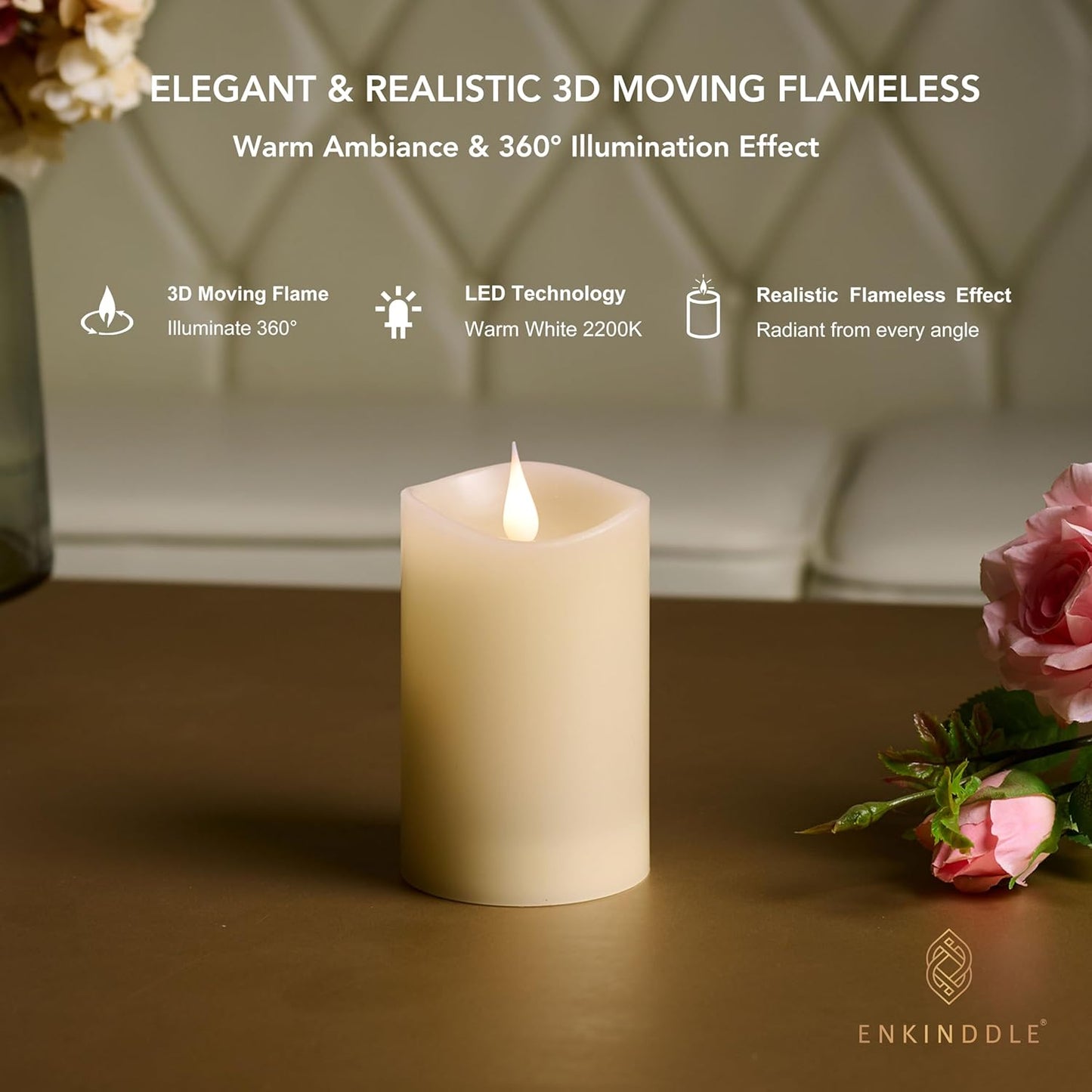 Flickering Flameless Candle, Real Wax LED Pillar Candle with 3D Moving Flame, Battery Operated, Built-in Timer, Ivory, Unscented, Safe for Home Décor, and Holidays 3" x 5.12"