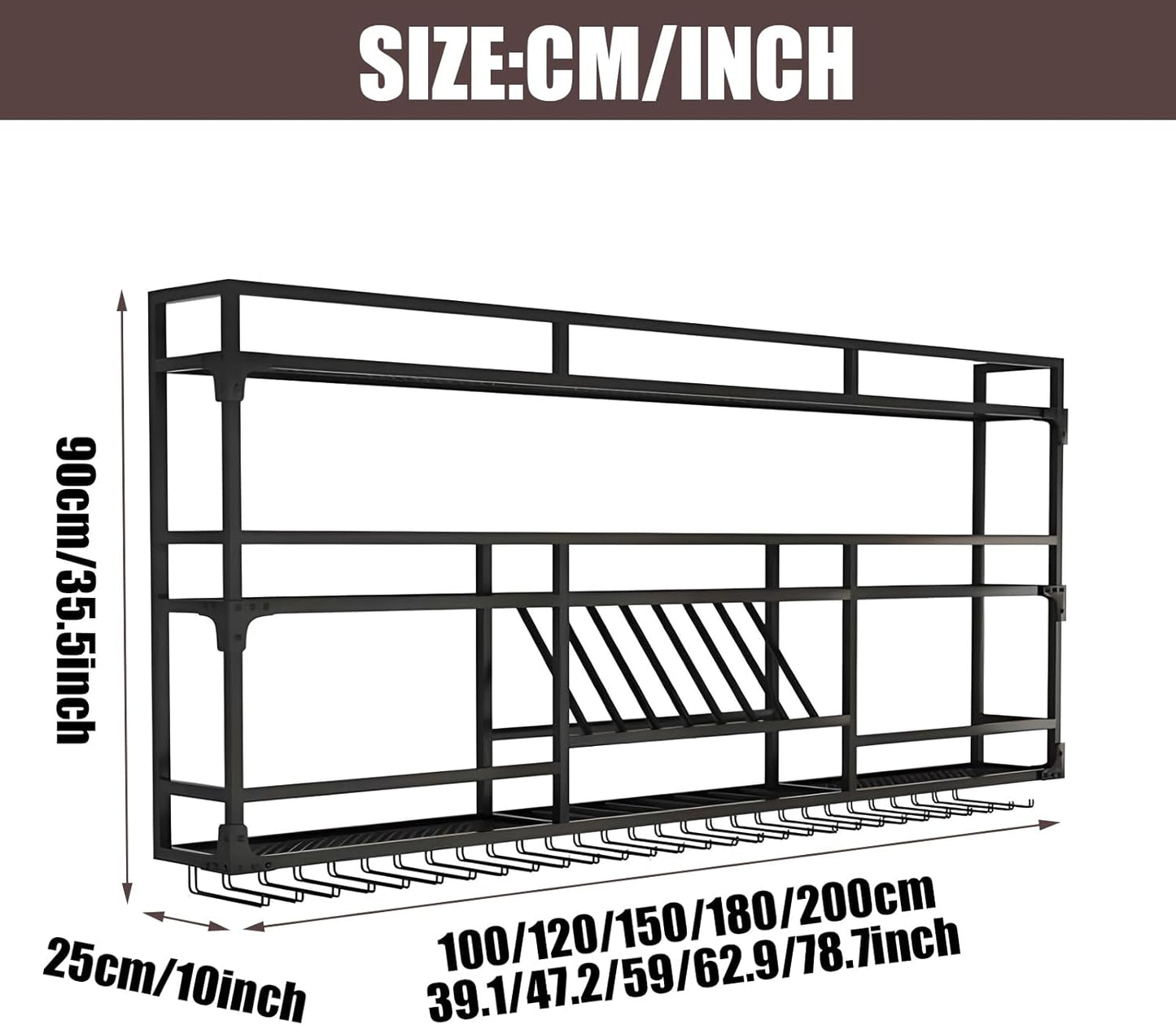 59in Wall Mounted Wine Rack, Wine Rack Wall Mounted With Wine Glass Rack, Metal Bar Bottle Display Shelf Wine Cups Hanging Holder, For Home Bar Cafe Dining Room Decoration (BLACK, 59*10*35.5inch)