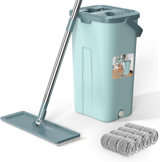 Aifacay Mop and Bucket with Wringer Set, Flat Wall Mop and Bucket Set with 4 Reusable Microfiber Pads, Hand Wash Free Floor Cleaning System Wet and Dry Use for Hardwood Tile Window Corner Baseboard