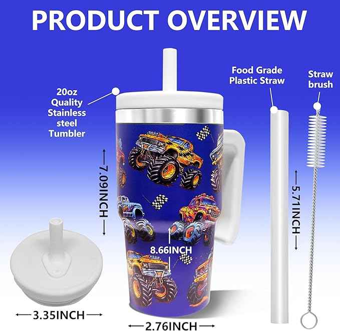2PCS 20-OZ Insulated Water Bottle,Insulated Stainless Steel Tumbler,Reusable Cold Drink Thermos,BPA-Free, Double-Wall Stainless Steel Water Bottle (Dark blue-Monster trucks, 20, Fluid Ounces)