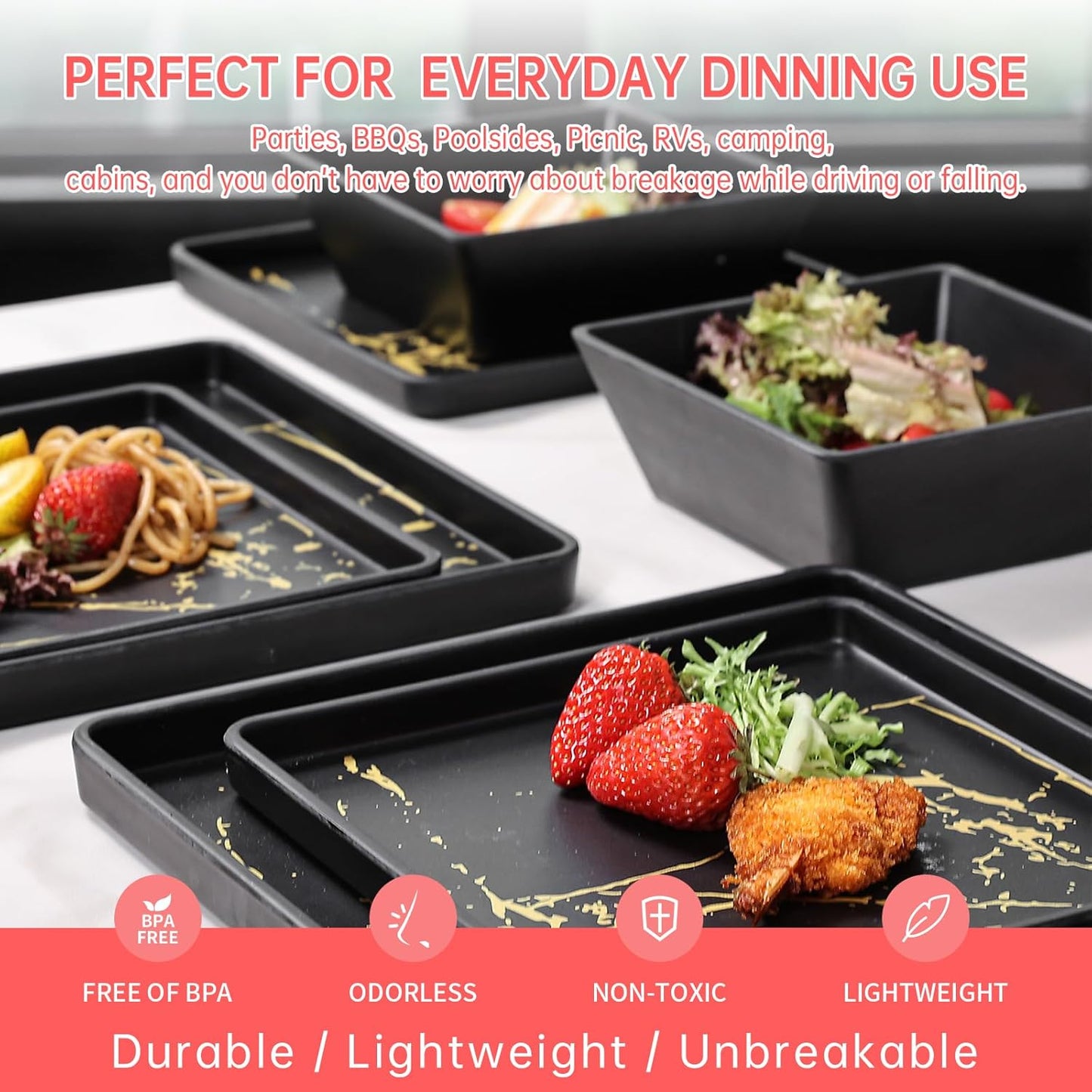 Melamine Dinnerware Sets - 12pcs Square Plates and Bowls Sets For 4, Indoor Outdoor Use, Dishwasher Safe, Black & Gold