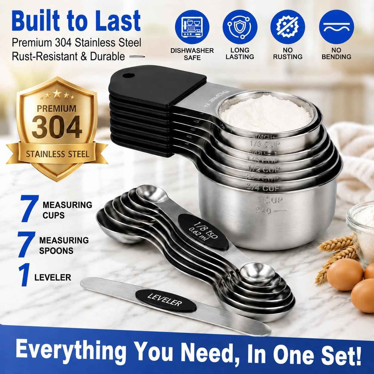 Magnetic Measuring Cups & Spoons Set, Strong N45 Magnets, Heavy Duty Stainless Steel Fits in Spice Jars for Baking & Cooking, BPA Free, Round Set of 15 with Leveler,Dark Black