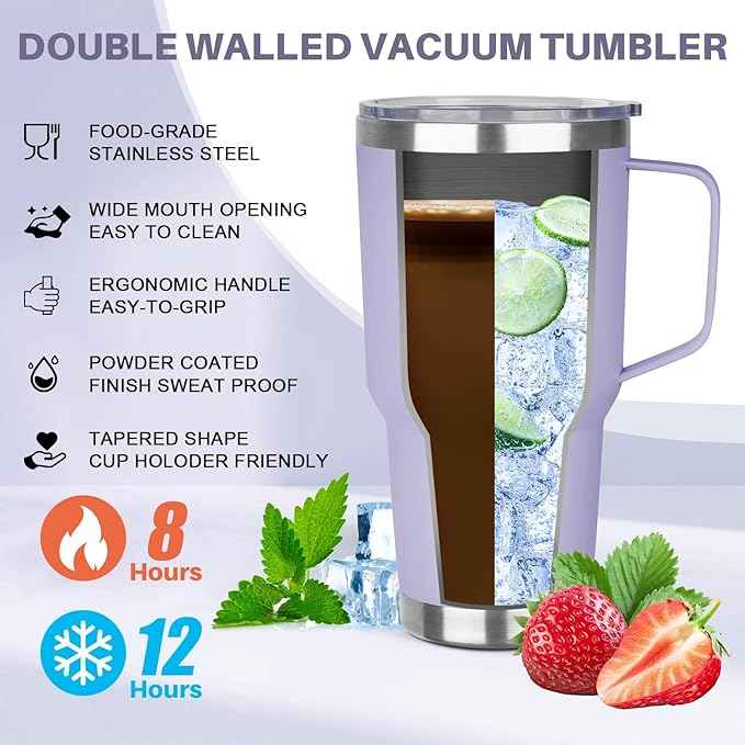 30 oz Stainless Steel Tumbler with Handle, Double Wall Vacuum Insulated Coffee Mug Tumbler with Lid and Straw, Thermal Cup for Cold and Hot (Light Purple)