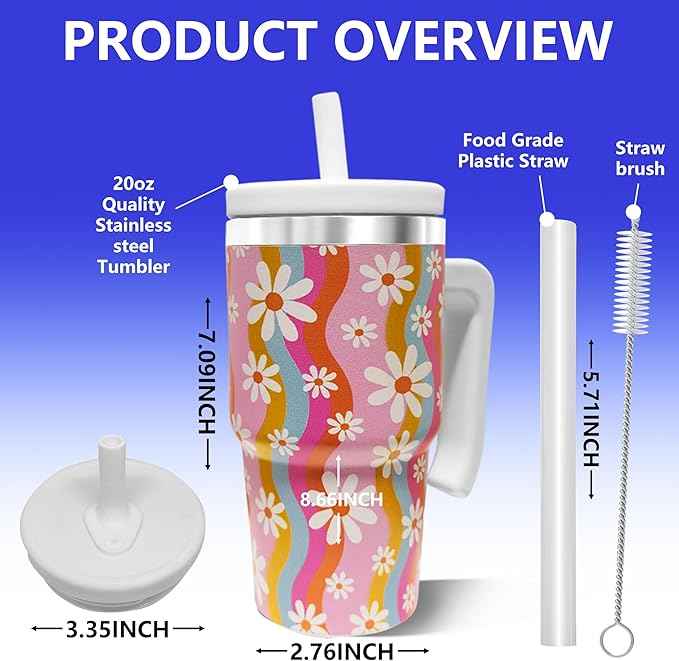 2PCS 20-OZ Insulated Water Bottle,Insulated Stainless Steel Tumbler,Reusable Cold Drink Thermos,BPA-Free, Double-Wall Stainless Steel Water Bottle (Pink-Rainbow Flowers, 20, Fluid Ounces)