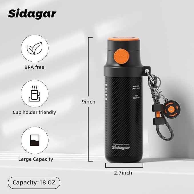 18 oz Insulated Water Bottle, Stainless Steel Travel Mug with Lid, Double Wall Vacuum Sports Water Bottle, BPA Free, Leak-Proof, Fits in Car Cup Holder, Great for Men Kid School, Black