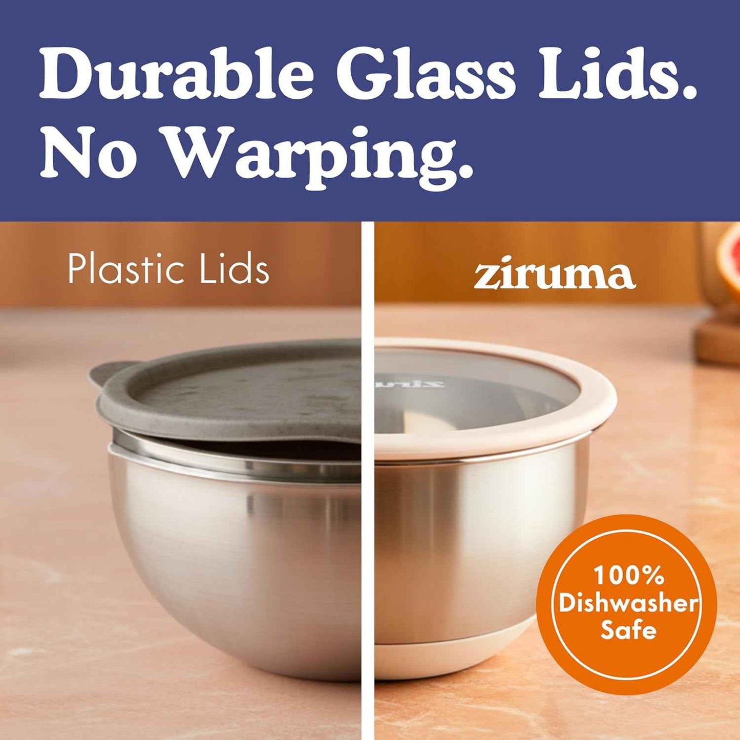 Ziruma Non-Toxic Mixing Bowls with Lids Set, Stainless Steel & Glass, 5 Pcs Plastic Free Bowls with Silicone Non-Slip Base, Dishwasher Safe Mixing Bowl Set