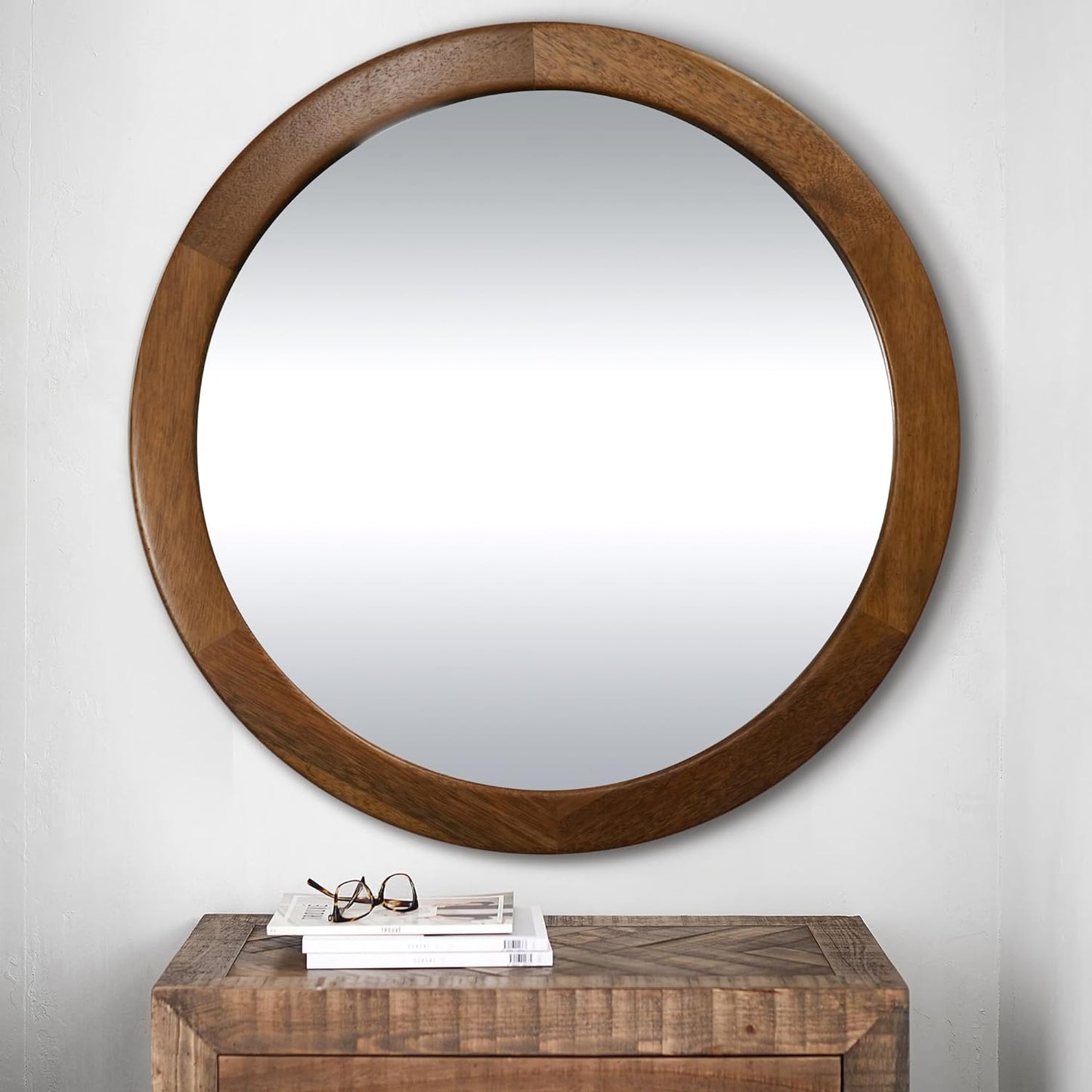 CULER Round Mirror 36 Inch,Wood Rustic Bathroom Tempered Wall Mirror with Walnut Frame,Farmhouse Wooden Vanity Circle Mirrors for Living Room,Entryway or Bedroom（Walnut Brown）
