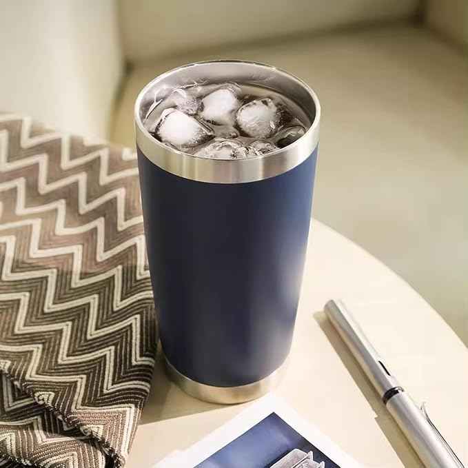 20oz Tumbler with Lid, Stainless Steel Vacuum Insulated Double Wall Travel Mug, Coffee Mug, with Straws and Straws Brush Reusable Coffee Cup (Navy Blue)