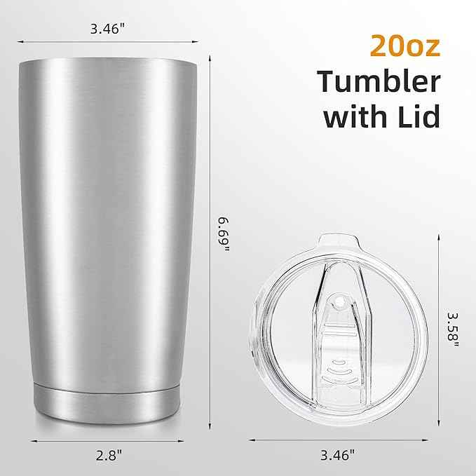 20 oz Tumbler Bulk with Lid Stainless Steel Insulated Tumblers Double Wall Vacuum Coffee Mug Powder Coated Tumbler Cups for Cold and Hot Drinks, Stainless Steel, 12 pack