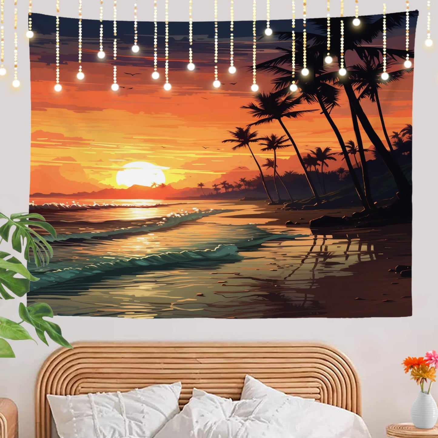 Shrahala Sunset Beach Wall Tapestry, Tropical Seaside Scene Wall Hanging Large Tapestry Decoration Polyester Fiber White Hem Around For Dorm Room Bedroom 59.1 X 82.7 In