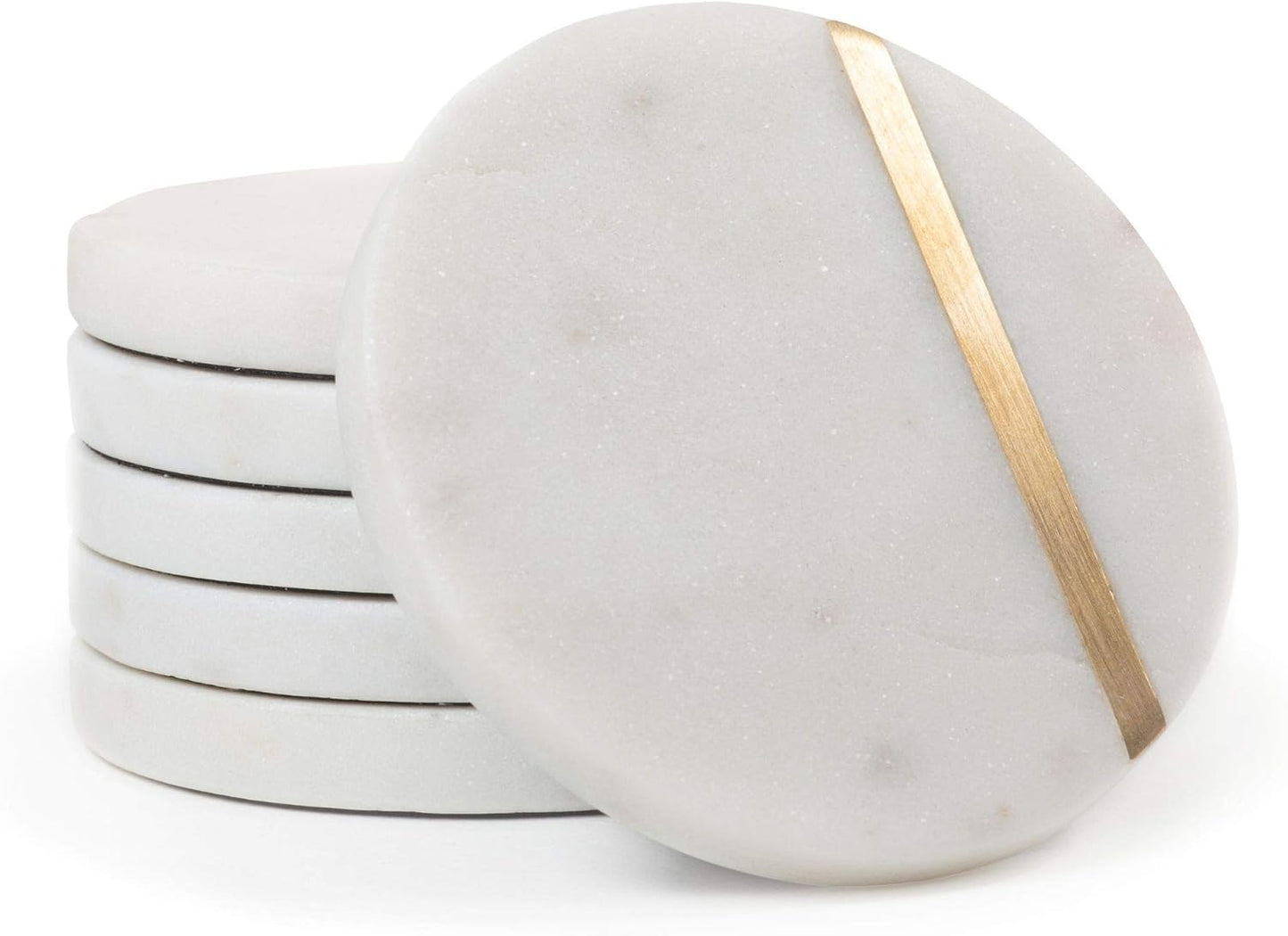 Cork & Mill Marble Coasters Set of 6 - Luxury Aesthetic Modern Decor for Coffee Table- White Marble with Gold Brass Inlay - Real Natural Semi Absorbent Stone Coasters