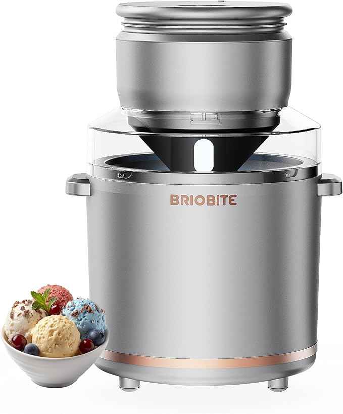 BRIOBITE 1.1 Quart Ice Cream Maker – Electric Ice Cream Machine for Gelato, Milkshakes & Sorbet,Perfect for 2-3 Servings, Easy to Use & Clean,Silver