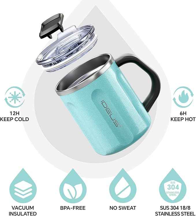 Ideus 16 oz Coffee Cup, Stainless Steel Coffee Travel Mug, Spill Proof Tea Mug with Handle and Lid, Lightweight and Durable, Great for Office Home and Outdoor Use, Sky Blue-FUJI FLOW