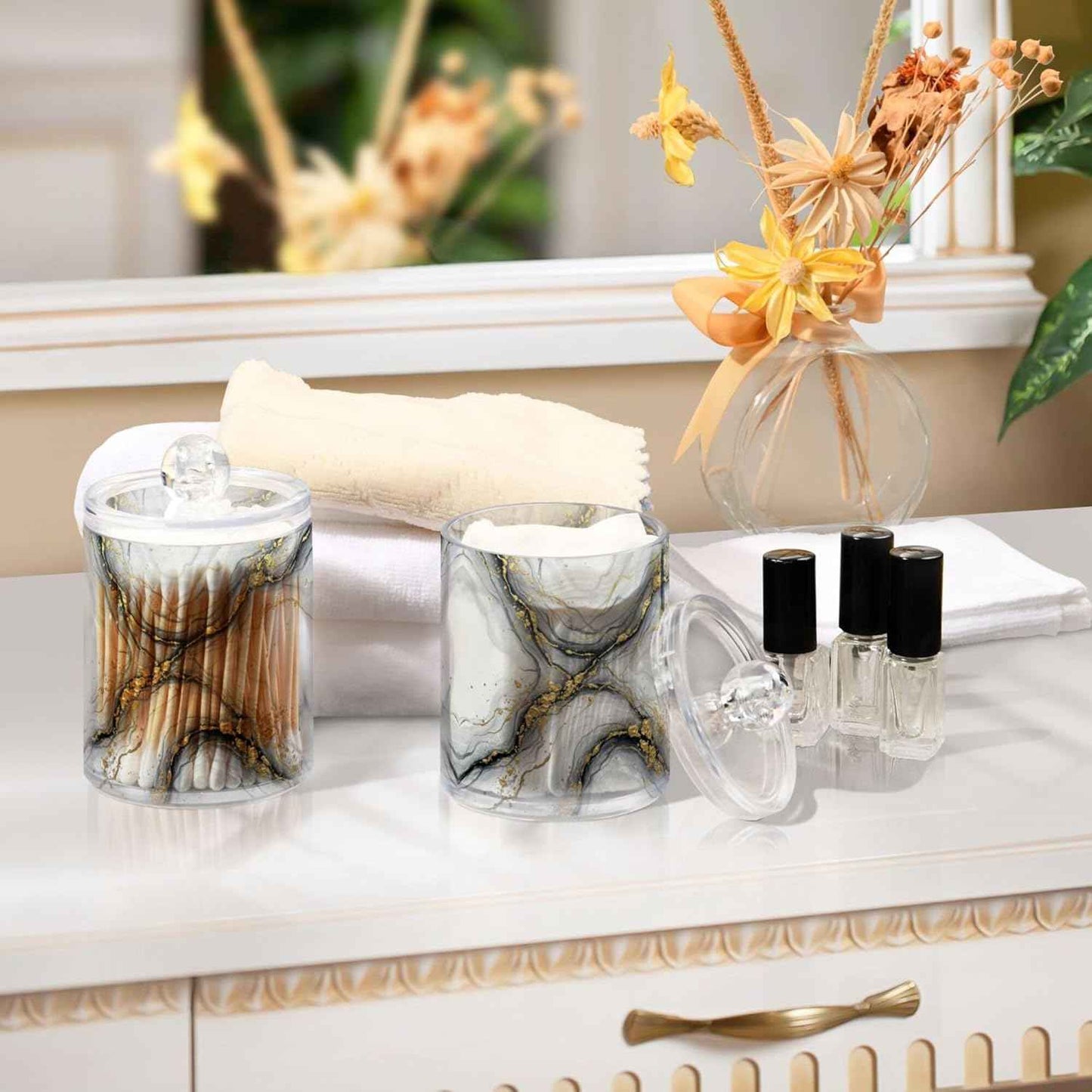 MNSRUU 2 Pack Qtip Holder Organizer Dispenser Marble White Gold Bathroom Storage Canister Cotton Ball Holder Bathroom Containers for Cotton Swabs/Pads/Floss