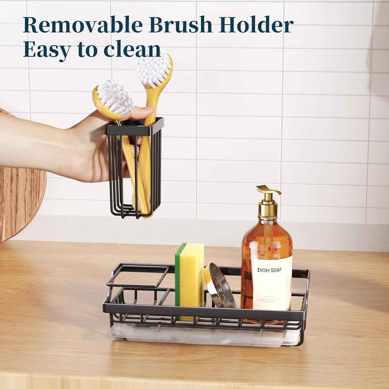 Consumest Sponge Holder for Kitchen Sink - Kitchen Sink Caddy Organizer with Removable Drip Tray for Countertop Dish Soap Dispenser Brush Storage Accessories 304 Stainless Steel - Black