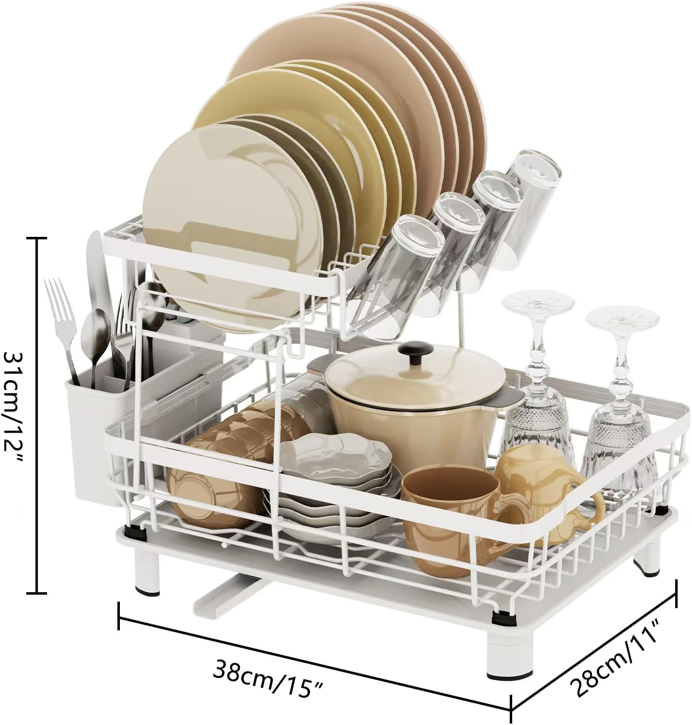 Small 2 Tier Dish Drying Rack, Space Saving Dish Racks for Kitchen Counter, Kitchen Organizer Dish Drainer with Cutlery Holder for Spoons and Forks, 11''W x 15''L, White