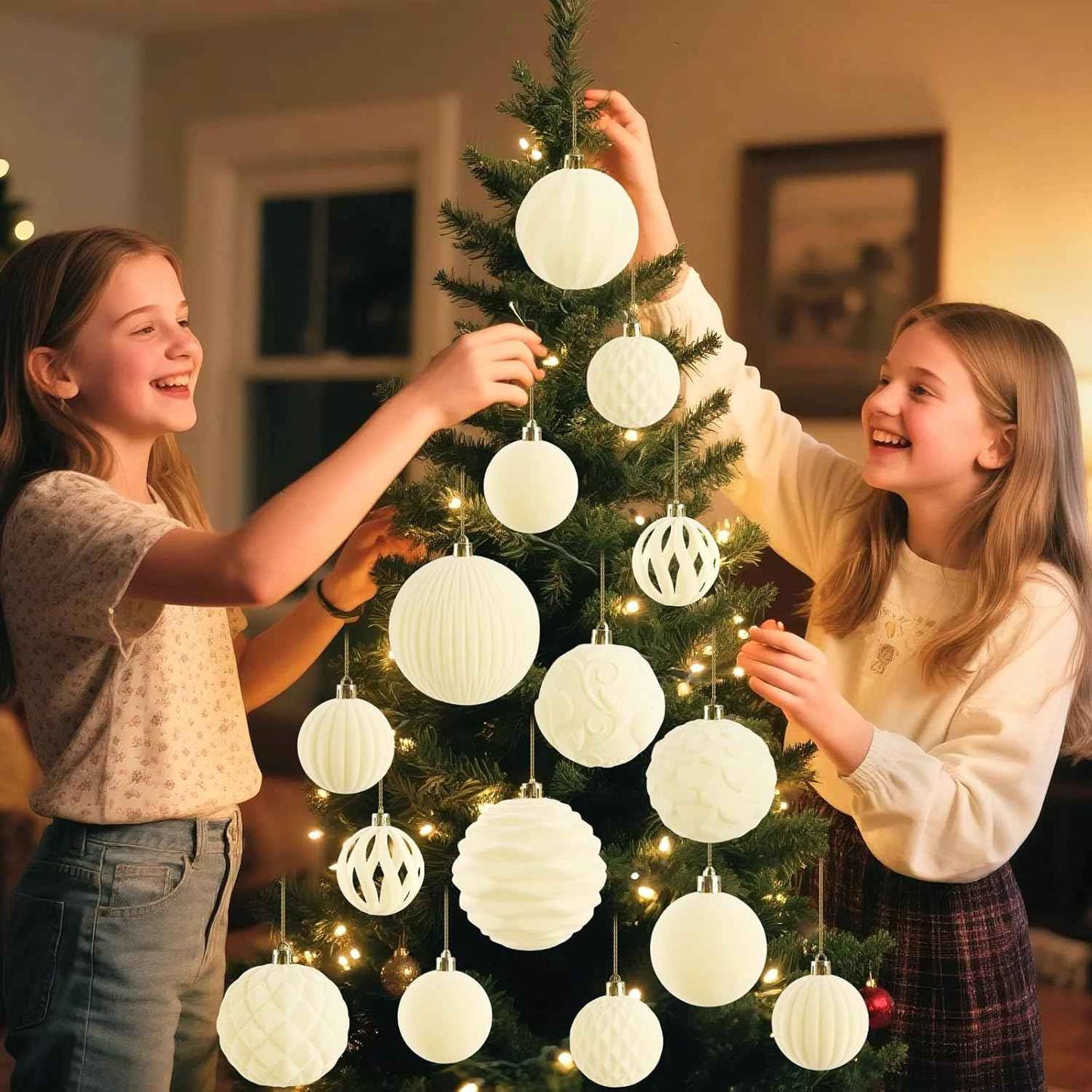 18Pcs Velvet Christmas Tree Ornaments Set, White Flocked Hanging Christmas Balls Ornaments, Shatterproof Decorative Hanging Balls Decorations Assortment for Xmas Tree Holiday Winter Home Party Decor