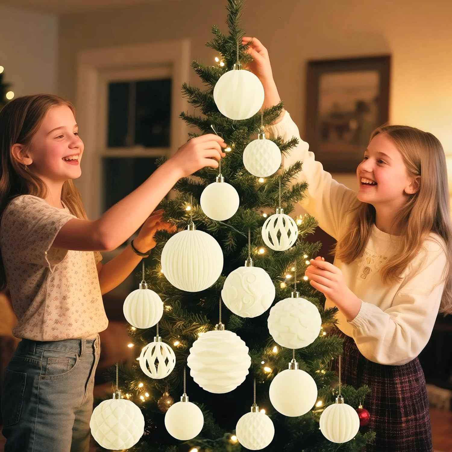 18Pcs Velvet Christmas Tree Ornaments Set, White Flocked Hanging Christmas Balls Ornaments, Shatterproof Decorative Hanging Balls Decorations Assortment for Xmas Tree Holiday Winter Home Party Decor