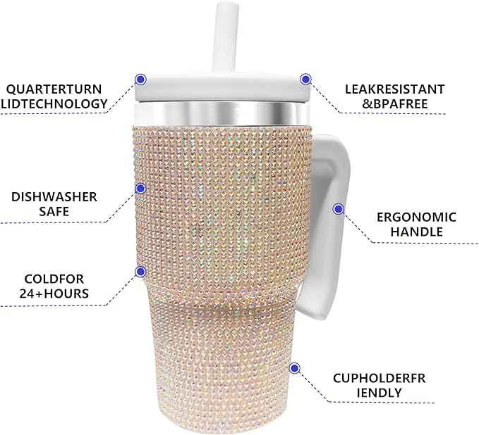 20-OZ Insulated Water Bottle,Insulated Stainless Steel Tumbler,Reusable Cold Drink Thermos,BPA-Free, Double-Wall Stainless Steel Water Bottle (White-Diamond, 20, Fluid Ounces)