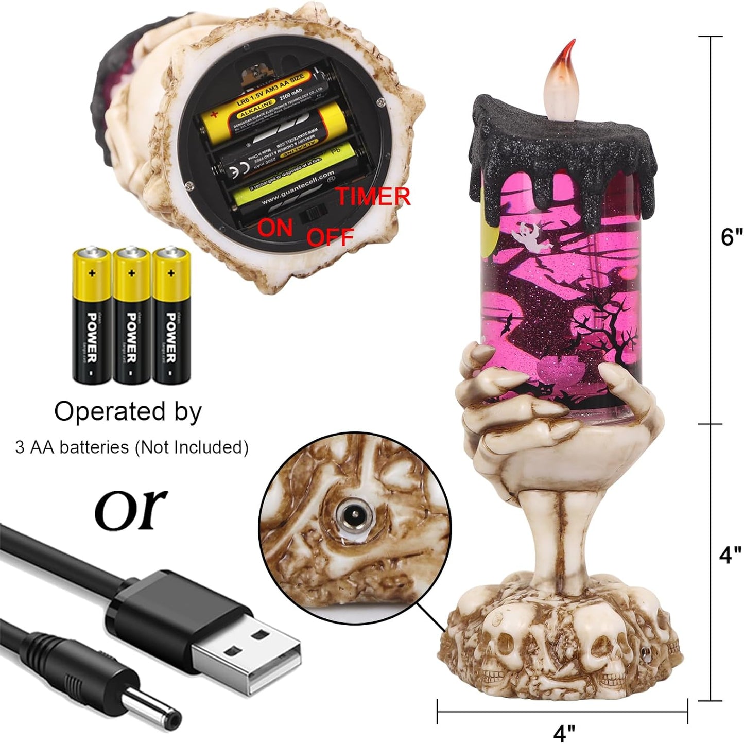 Eldnacele Halloween Snow Globe Candles Lighted Lamp USB Powered Battery Operated Spooky Spinning Water Glittering Tornado Flameless Candles Skeleton Hand Holder Halloween Centerpiece Decor(Ghost)