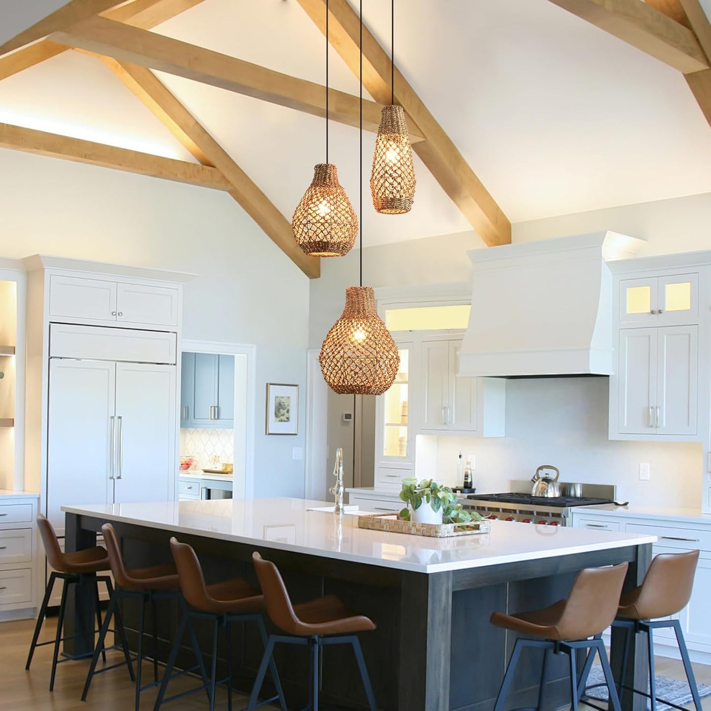 Boho Rattan Pendant Light,3 Light Coastal Woven Wicker Ceiling Hanging Farmhouse Chandelier for Kitchen Island Living Room Dining Room