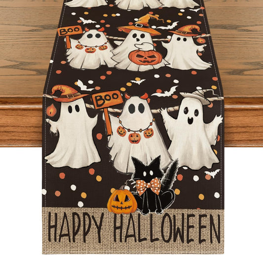 Artoid Mode Ghost Jack-O'-Lantern Black Cat Halloween Table Runner,Holiday Kitchen Dining Table Decoration for Home Party Decor 13 x 36 Inch