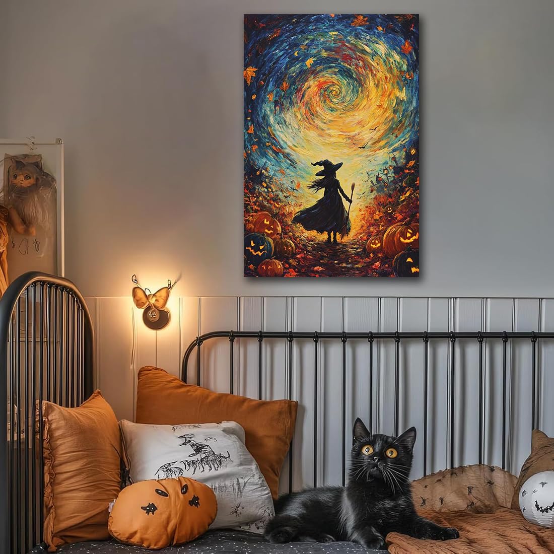 Halloween Autumn Witchy Decor Wall Art Prints,Gothic Witch in Whirlwind Autumn with Pumpkins Scene Pictures Poster,Fall Festival Home Decor Painting Canvas Poster for Bedroom Bathroom,16"x24" Unframed