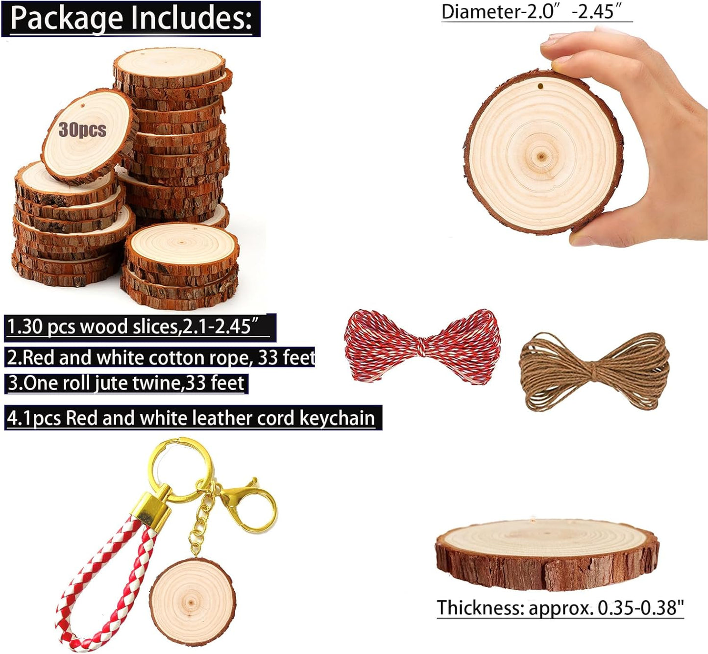 SENMUT Natural Wood Slices 30pcs 2.0"-2.45" Predrilled Wood Circles for Crafts Christmas Wood Slices for Crafts Round Wooden Discs DIY Wood Ornament