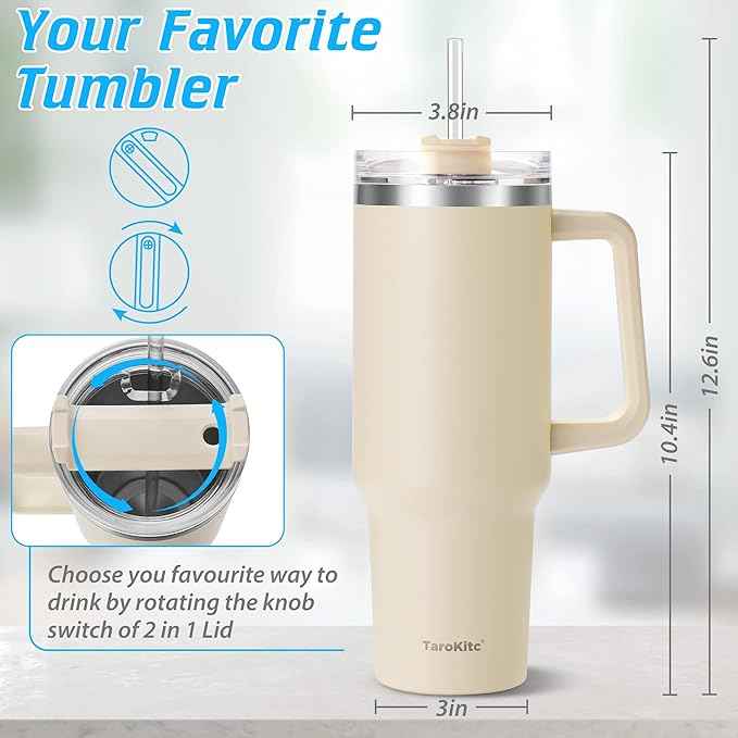 TaroKitc 40 oz Tumbler with Handle | Stainless Steel Insulated Insulated Travel Mug Iced Coffee Cup with Lids and Straw | Keeps Drinks Cold for 34 Hours | Dishwasher Safe, BPA Free | MATCHA