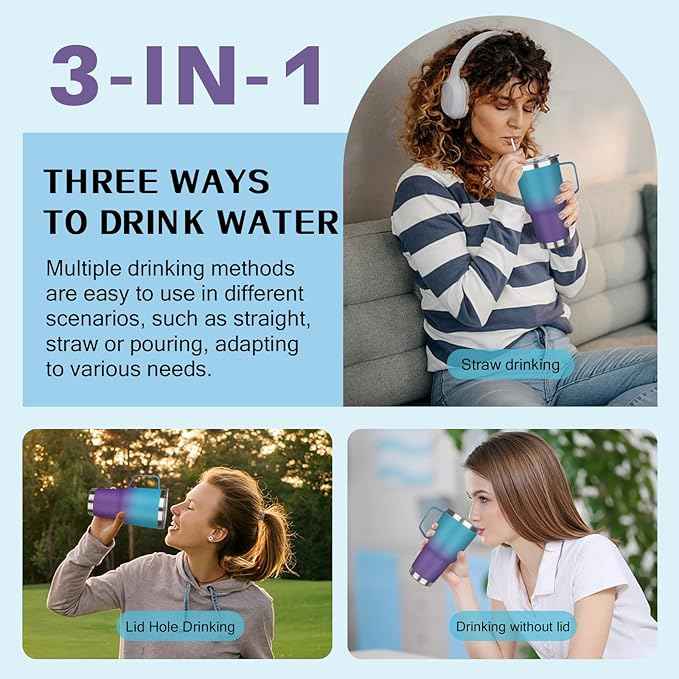 30 oz Stainless Steel Tumbler with Handle, Double Wall Vacuum Insulated Coffee Mug Tumbler with Lid and Straw, Thermal Cup for Cold and Hot (Blue Purple)