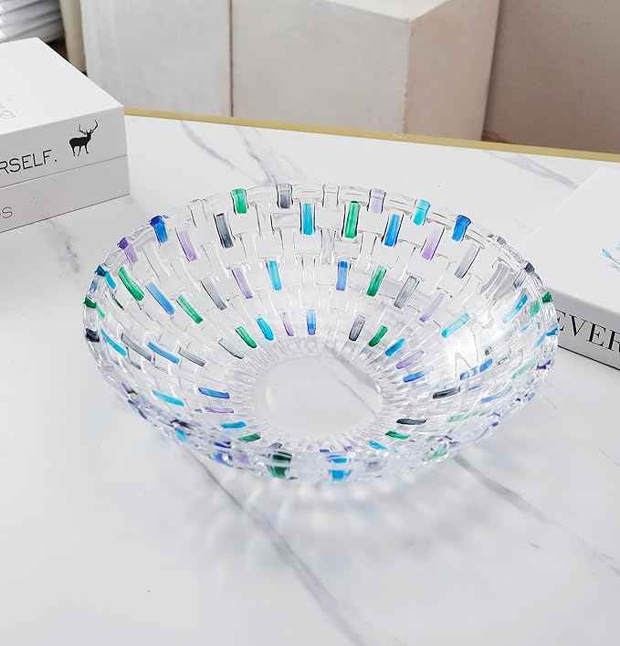 MAGCOLOR Hand Painted Blue Woven Glass Crystal Salad & Fruit Bowl Decoration,Centerpiece For Home,Office,Wedding Decor, Fruit, Snack, Dessert, Server (Blue)