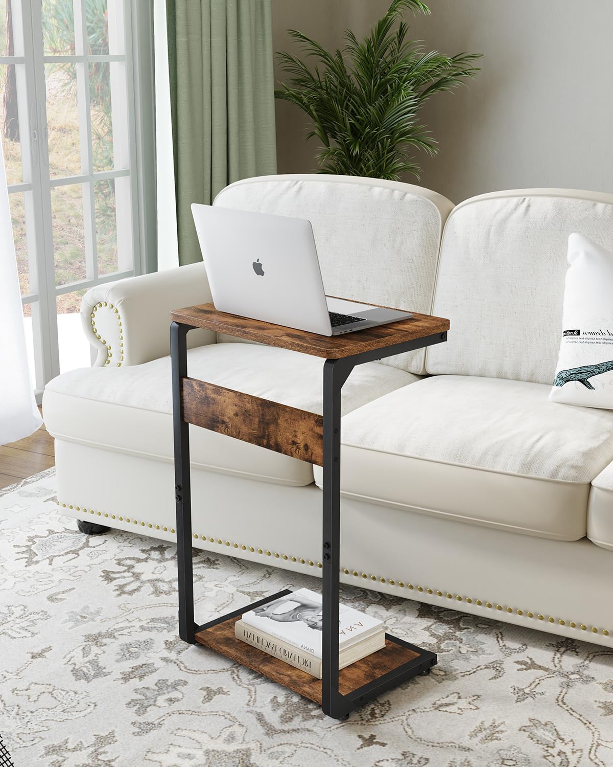 Wood Pedestal Sofa Side Tables Set of 2 Small Nightstand C Shaped End Table TV Trays on Couch Stands TV Tray Tables Slide Under Night Stand Over Bed Living Room Bedroom Bedside Rustic Brown ET-YB-BRW2