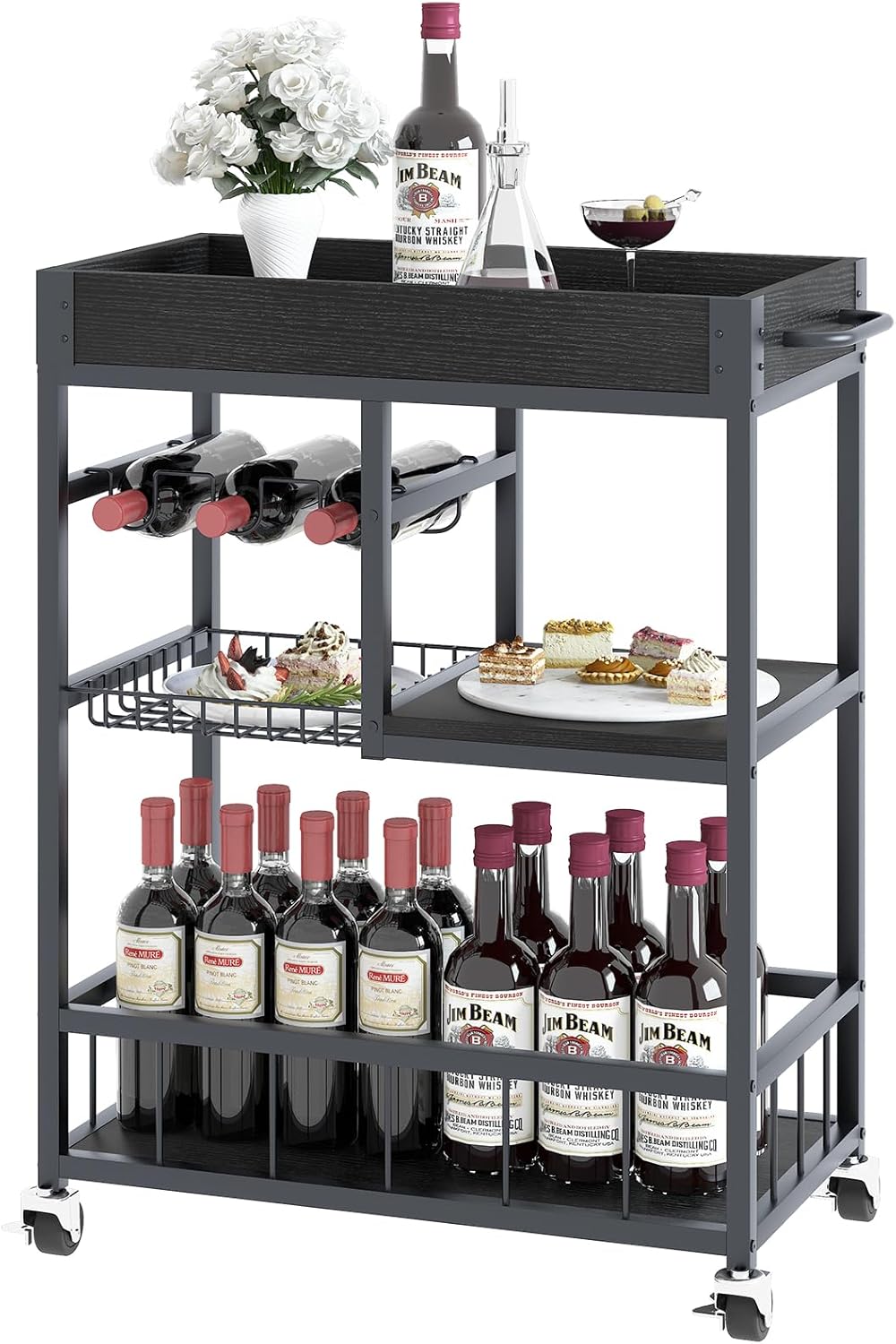 Bar Cart with Basket 3 Tiers Home Rolling Wine Rack with Wheels Mobile Kitchen Industrial Vintage Style Wood Metal Serving Trolley Serving Cart,Black Frame Home Kitchen Shelf for Party