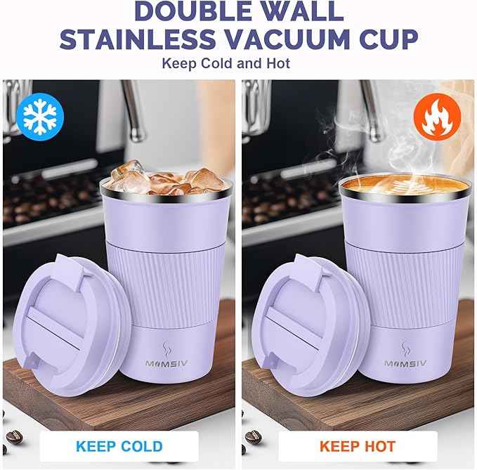MOMSIV 12oz Travel Mug, Insulated Coffee Cup with Leakproof Lid, Vacuum Stainless Steel Double Walled Reusable Tumbler for Hot and Cold Water Coffee and Tea In Travel and Car