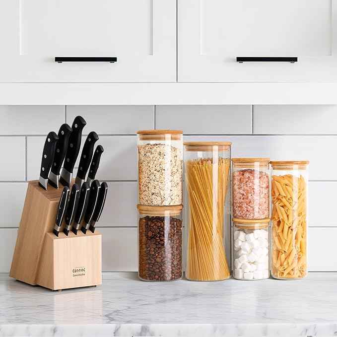 ComSaf Glass Food Storage Jars Set of 6, Clear Glass Storage Containers with Lids, Canisters Sets for the kitchen, Spaghetti, Pasta, Flour, Nuts, Oat, Coffee and Sugar Container, Pantry Organization