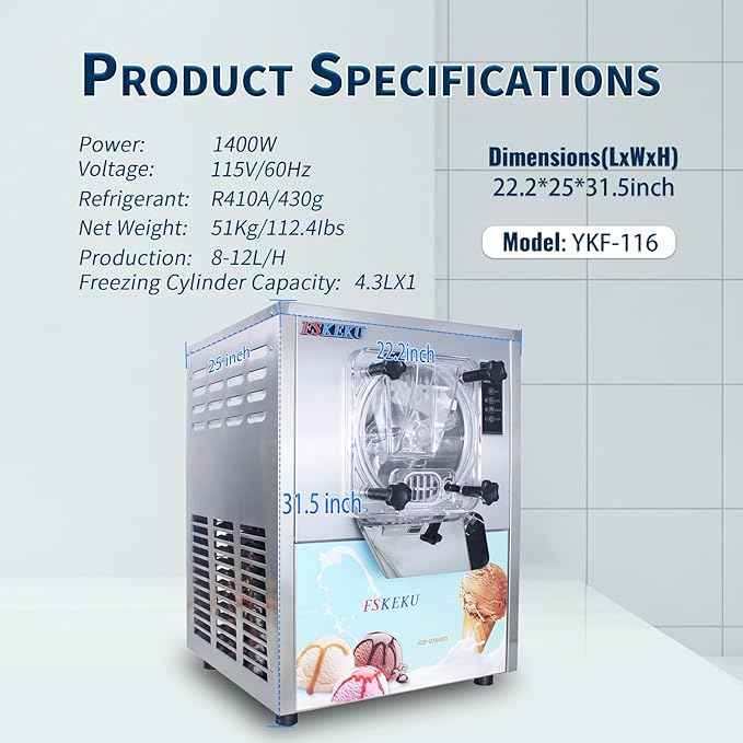 Hard Ice Cream Maker Commercial Gelato Machine 16-24L/H, 5.3 Gph Capacity Suitable for Restaurant/Bar/Home, Auto Clean LED Display Maquina De Helado 1400W