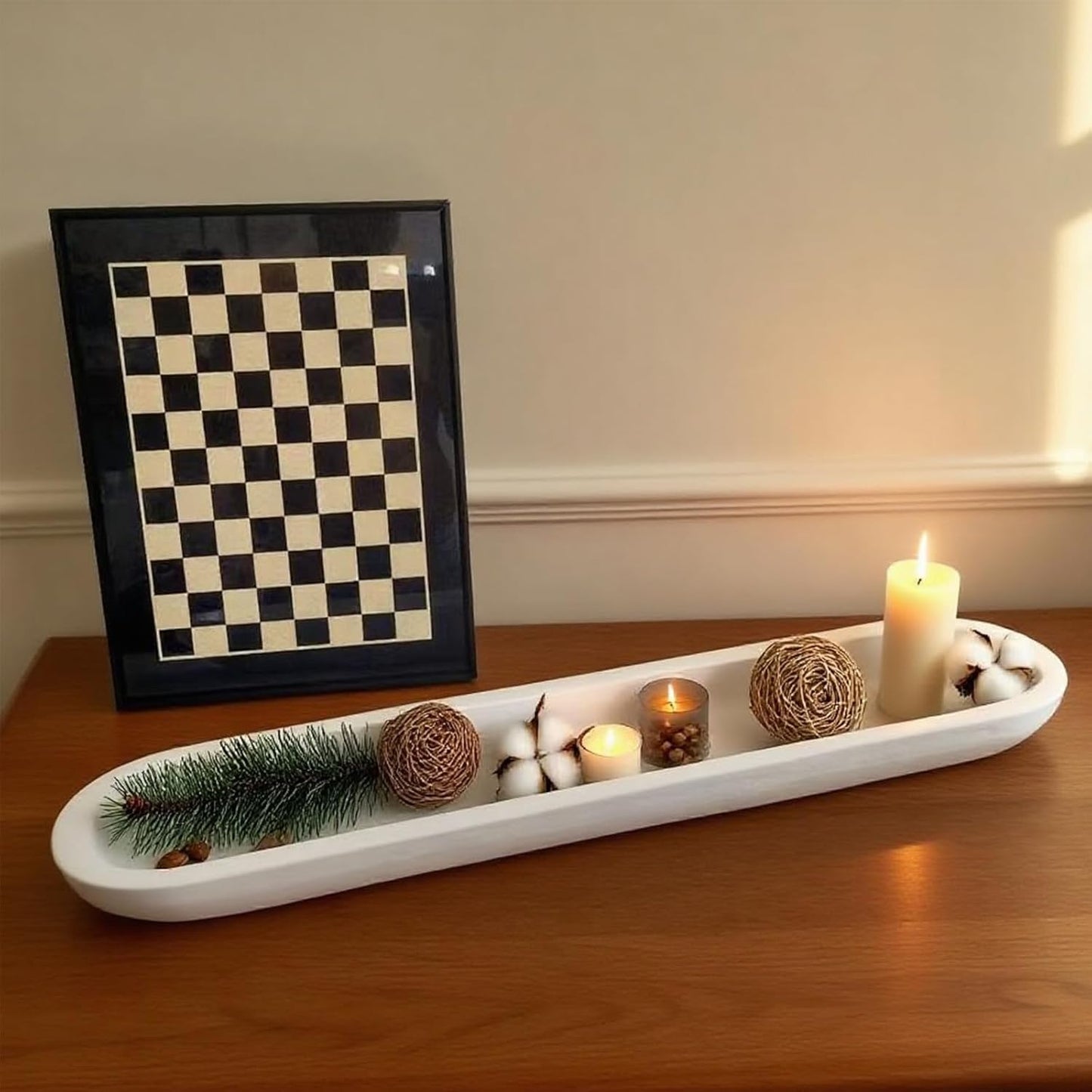 Wooden Dough Bowl Decor, Vintage Wooden Bowl Hand Carved Home Decor for Dining Table Center, Living Room, Kitchen Decor. (30inch white)