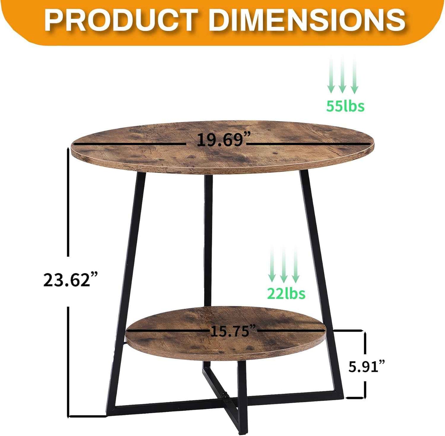 D&H FURNIMMT 20" Round End Table, Industrial 2-Tier Side Table, Metal Frame Nightstand Accent Table for Living Room Bedroom Small Spaces, Rustic Brown & Black