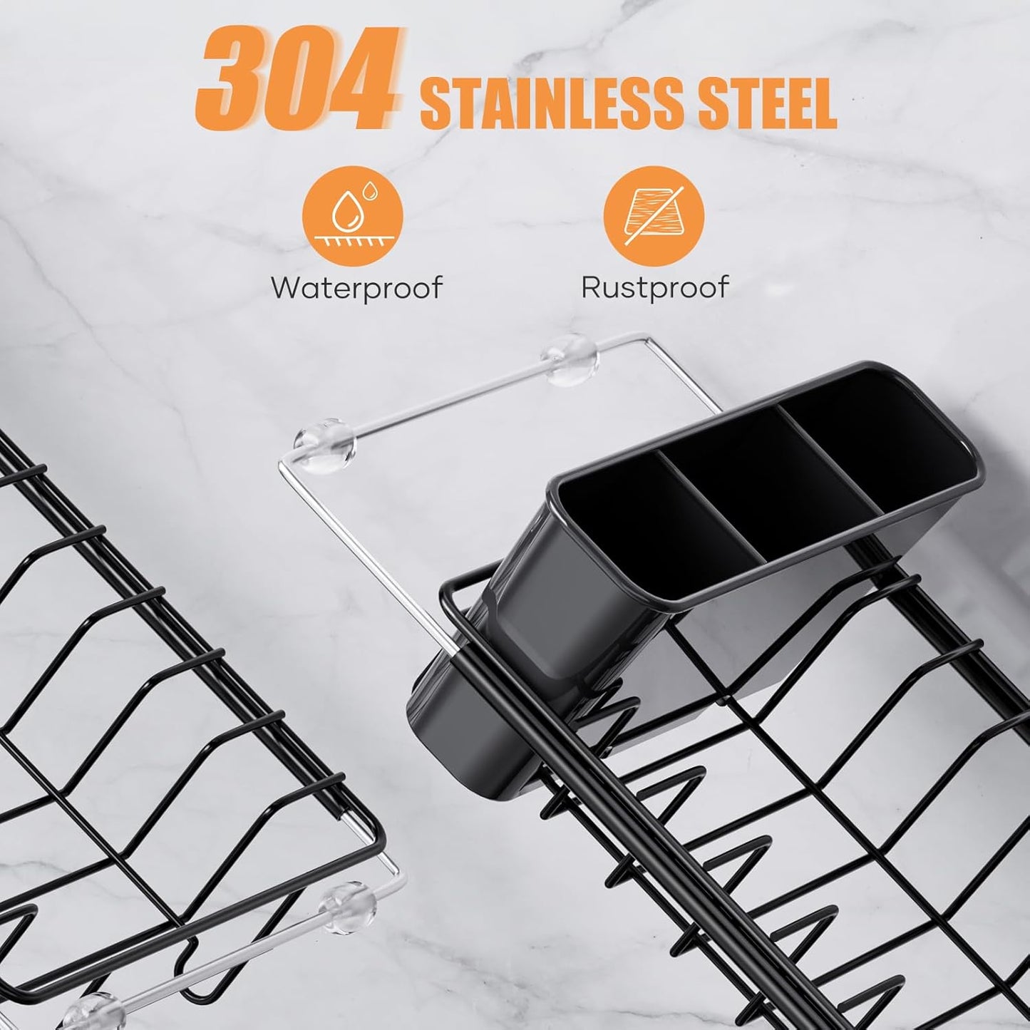 Sink Dish Drying Rack, Expandable Small Dish Drainers with Silicone Drying Mat, Stainless Steel Dish Dryer Rack with a Removable Cutlery Holder for 14’’-19’’ Kitchen Sink