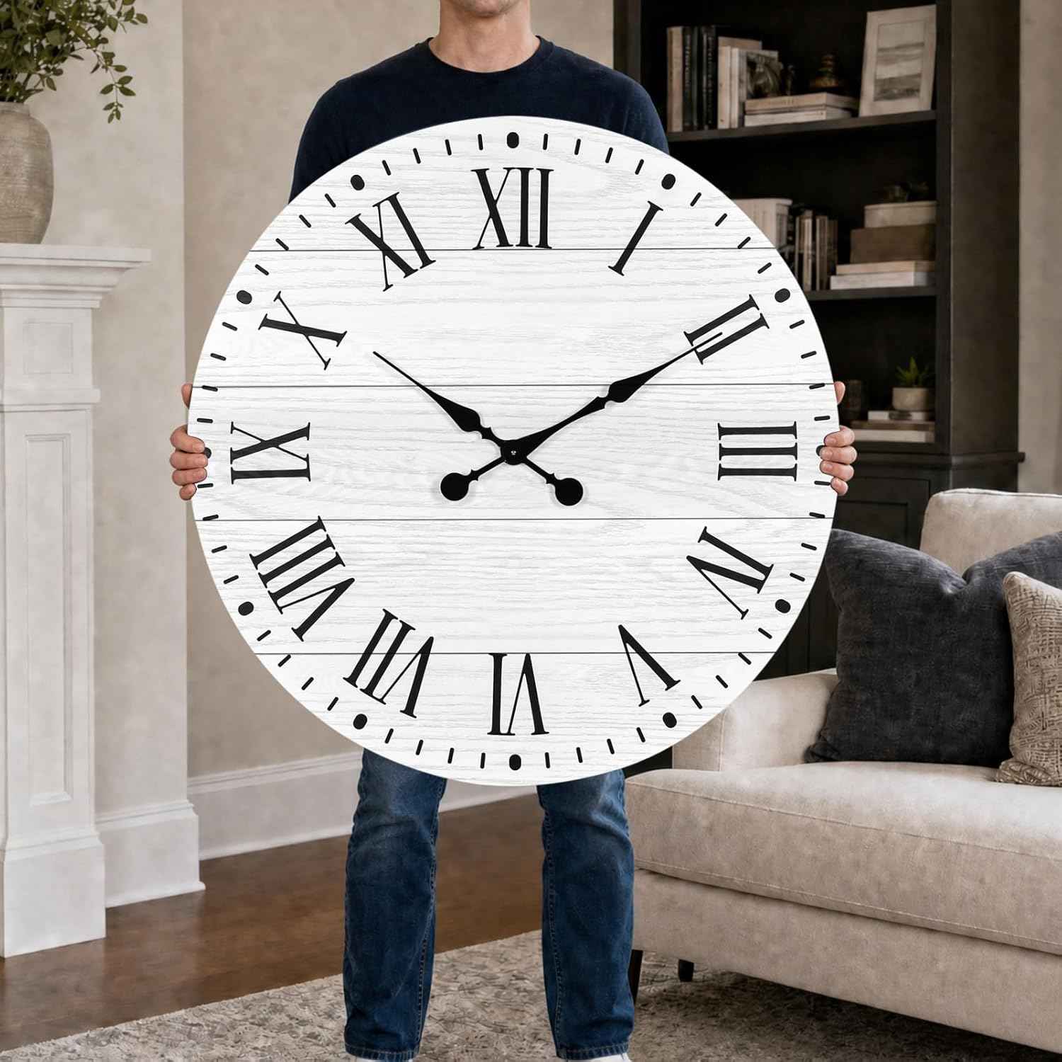 Large Wall Clock with Roman Numeral, 35.5” Shiplap Wall Clock Farmhouse Nearly Non-Ticking, Round Clock for Living Room Decor, Office, Bedroom, Entrance, White