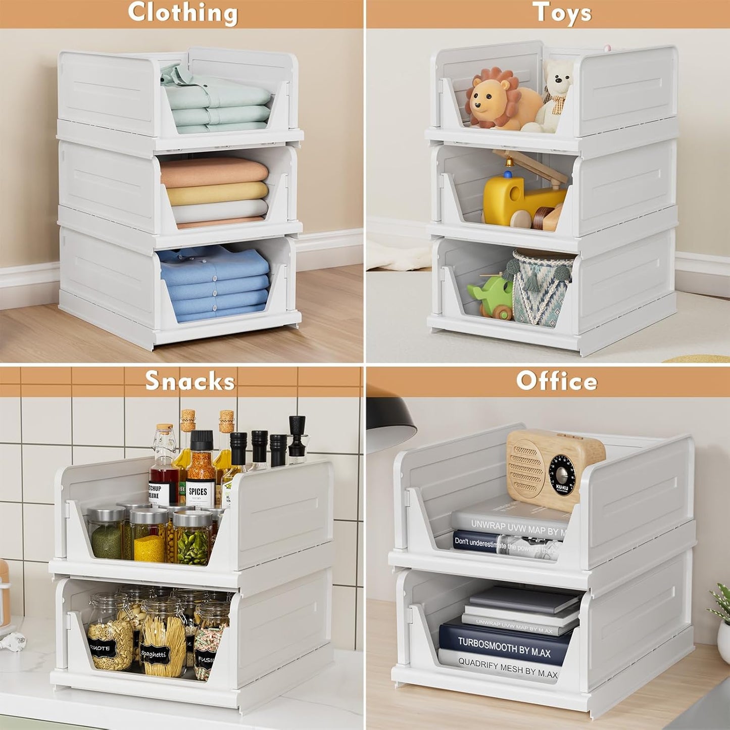 6 Pack Stackable Closet Storage Basket - Stackable Storage Bins, Multifunctional & Foldable Closet Organizer, Wardrobe Storage Space-Saving Clothes Storage Drawer Organizer, White