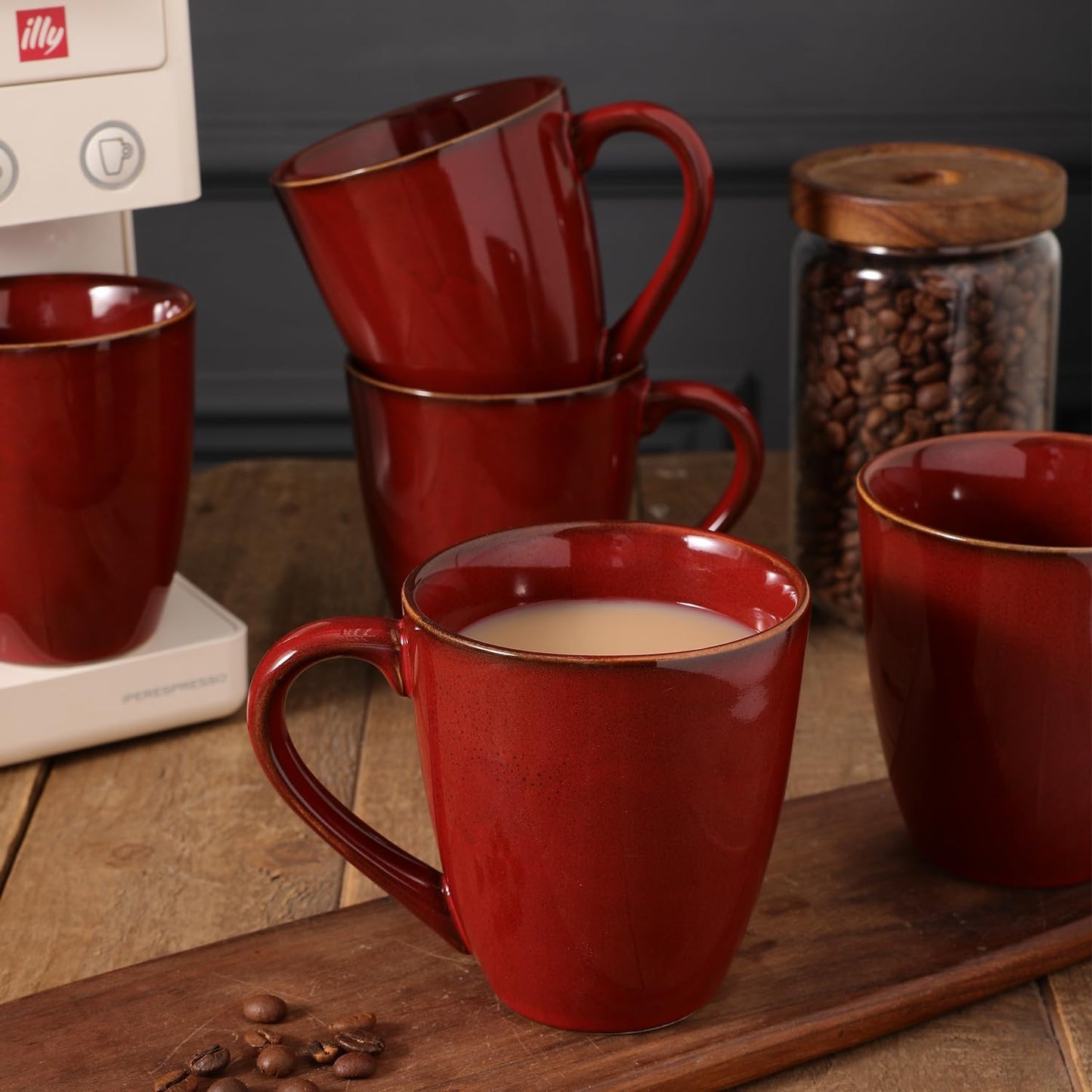 vicrays Coffee Mug Set, 12 Ounce, Set of 6, Ceramic Mug for Men, Women, Unique Glazed Mugs with Handle for Coffee, Tea, Milk, Cocoa, Cereal(Cherry Red)
