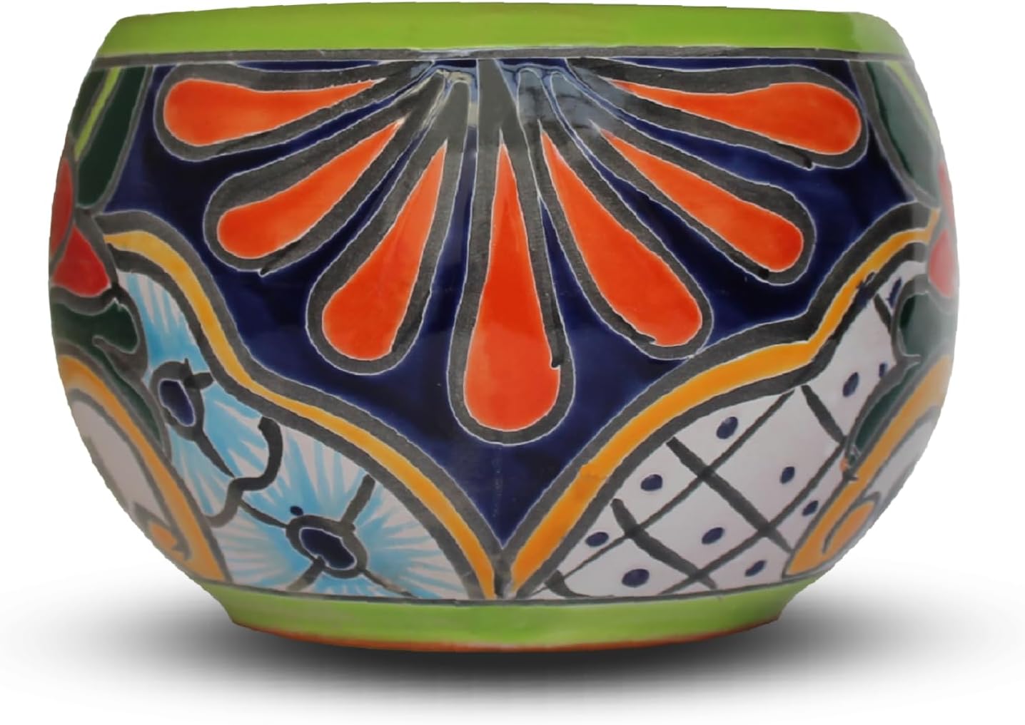 Evergreen Garden Talavera Mexican Pottery Ceramic Green Detailed Baul | Flower Pot Plant Succulent | Indoor Outdoor (9 inch)