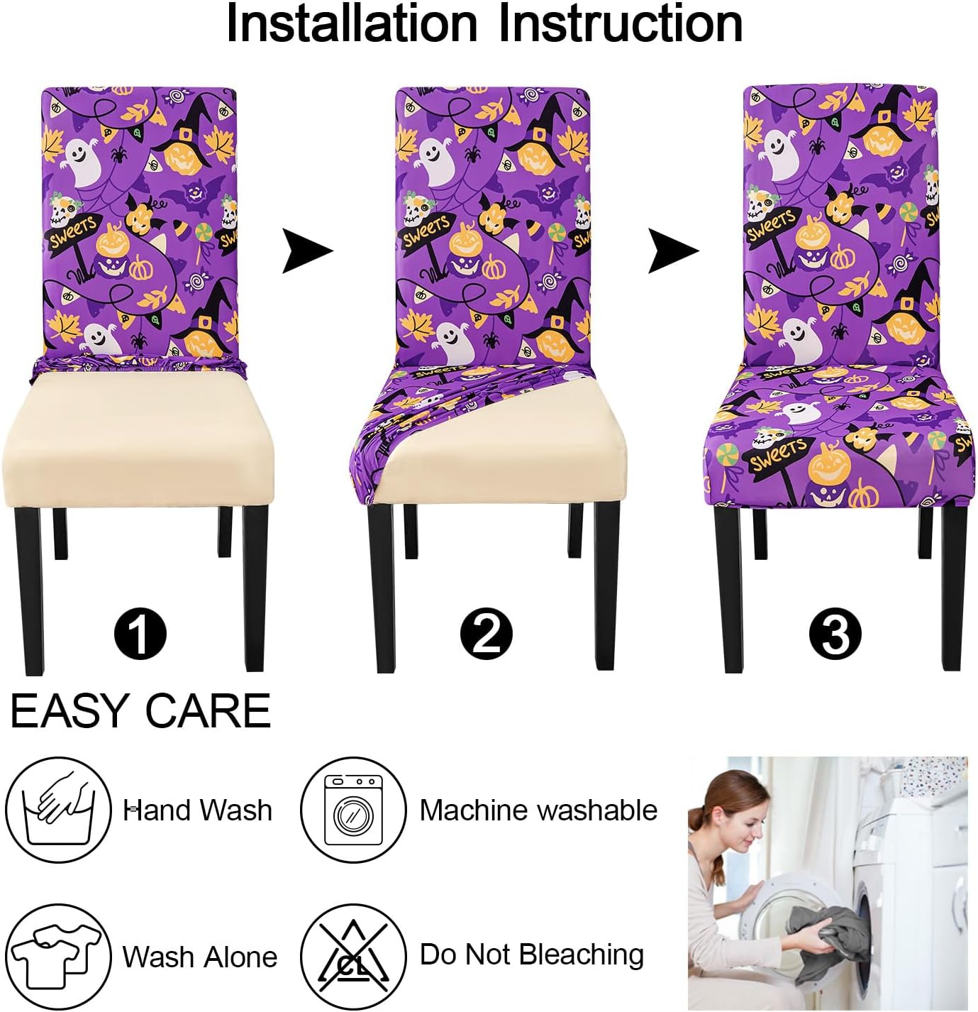 JQinHome Purple Halloween Chair Slipcover, Spider Web Chair Covers Set of 6, High Stretch Washable Chair Protector Cover for Dining Room, Kitchen,Home Party,Wedding Ceremony(Purple Candy,6PC)