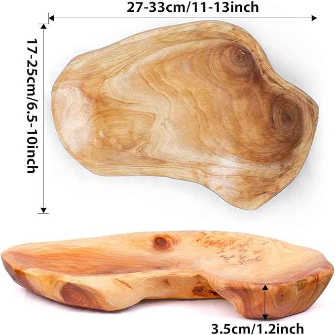 BTEOBFY Natural Wood Fruit Bowl 11-13 inch, Unique Handmade Wood Serving Platter, Wood Fruit Snack Dish for Sandwich Bread Serving, Appetizer Display, Vintage Ring Dish, Hand Carved Artworks