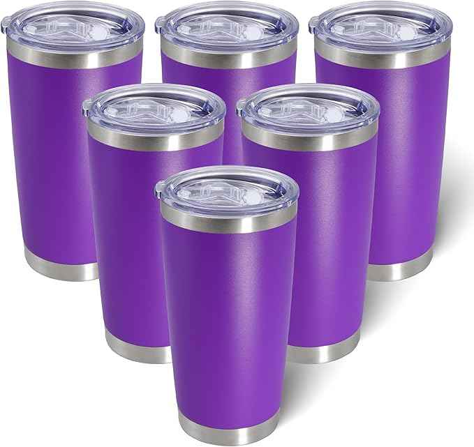 AIANJI 20oz Tumbler Bulk Stainless Steel Tumblers with Lid Vacuum Insulated Double Wall Travel Coffee Mug Powder Coated Tumbler Cup for Hot and Cold Drinks(Purple, 6 pack)
