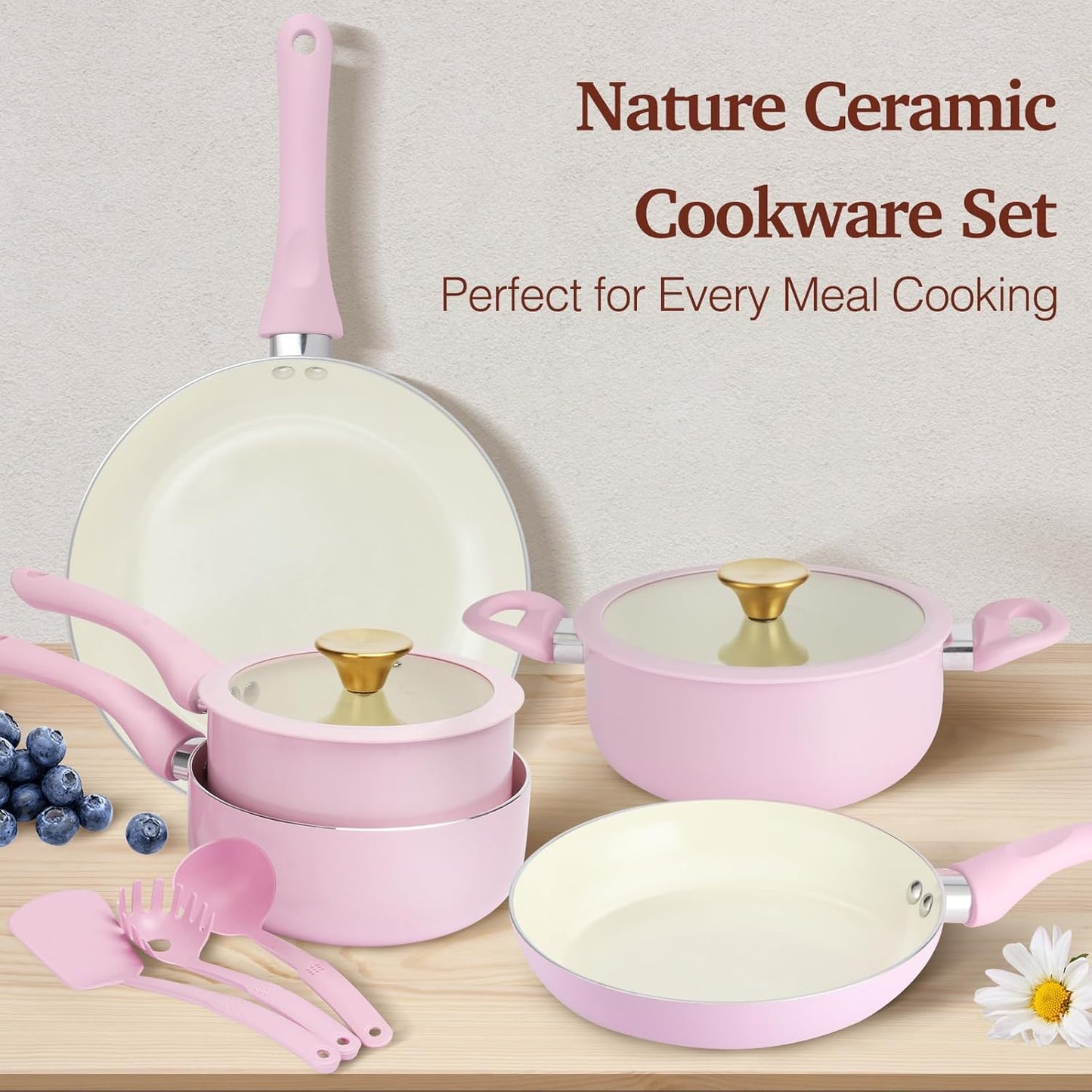 M MELENTA Pots and Pans Set Non Stick, Pink Ceramic Cookware Set, 11-Piece Induction Cookware, Non Toxic Healthy Kitchen Cooking Set, Gold Knobs Lids, Stay-Cool Handles